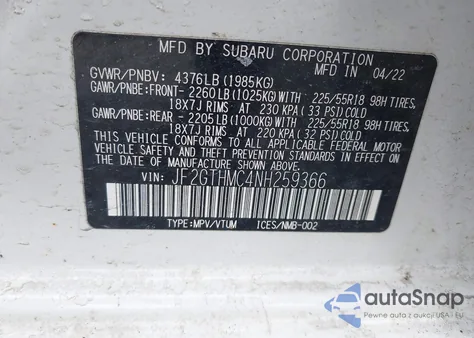 2022 Subaru Crosstrek Limited z USA, uszkodzony, nr VIN JF2GTHMC4NH259366